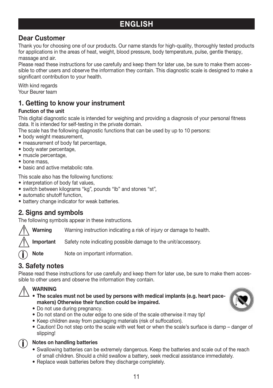 English, Dear customer, Getting to know your instrument | Signs and symbols | Beurer BF 750 User Manual | Page 11 / 68