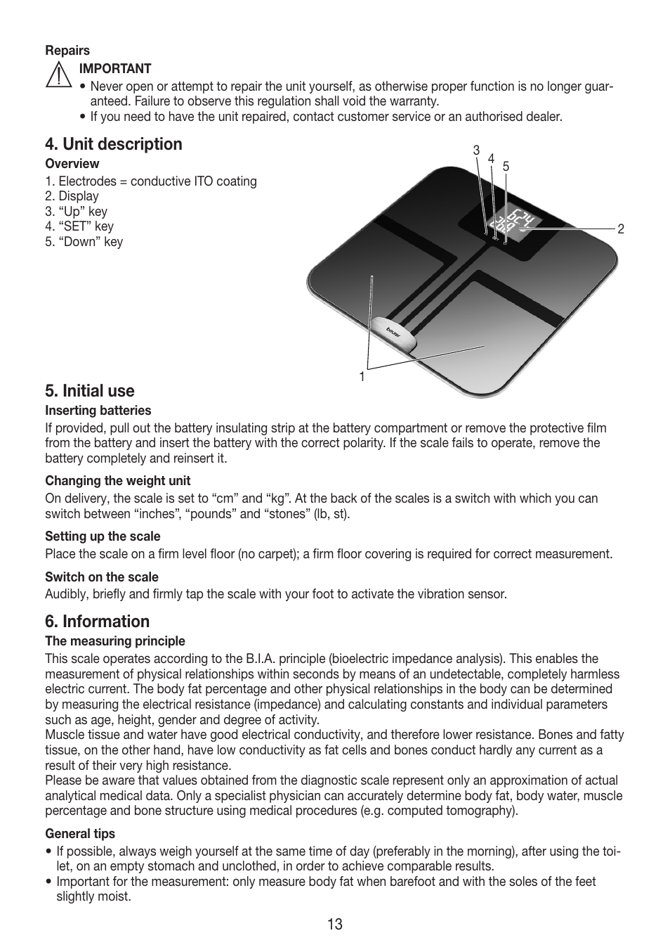 Unit description, Initial use, Information | Beurer BF 750 User Manual | Page 13 / 68