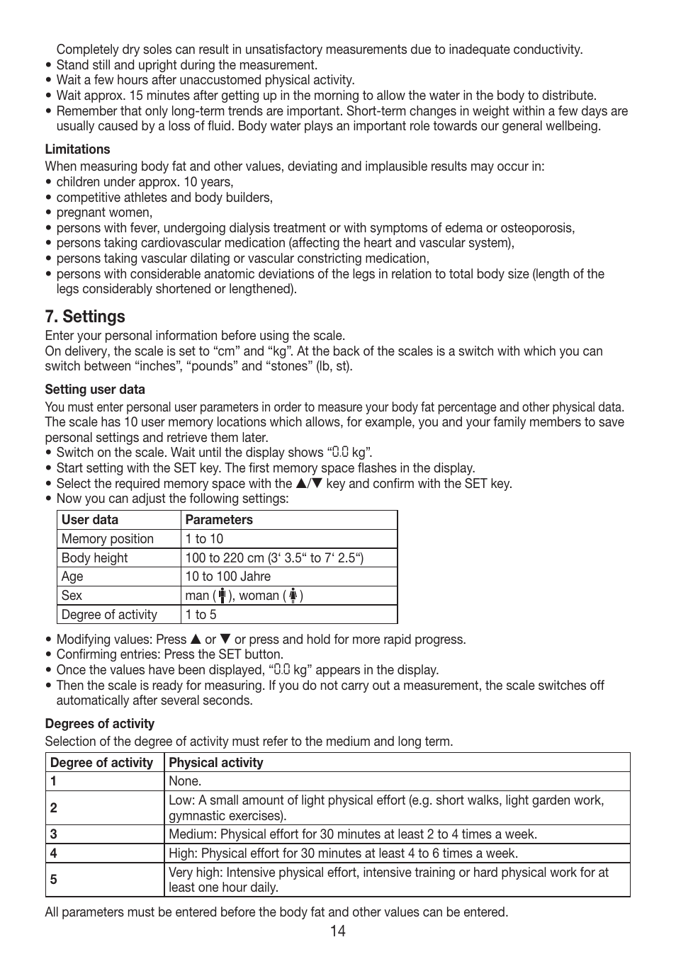 Settings | Beurer BF 750 User Manual | Page 14 / 68