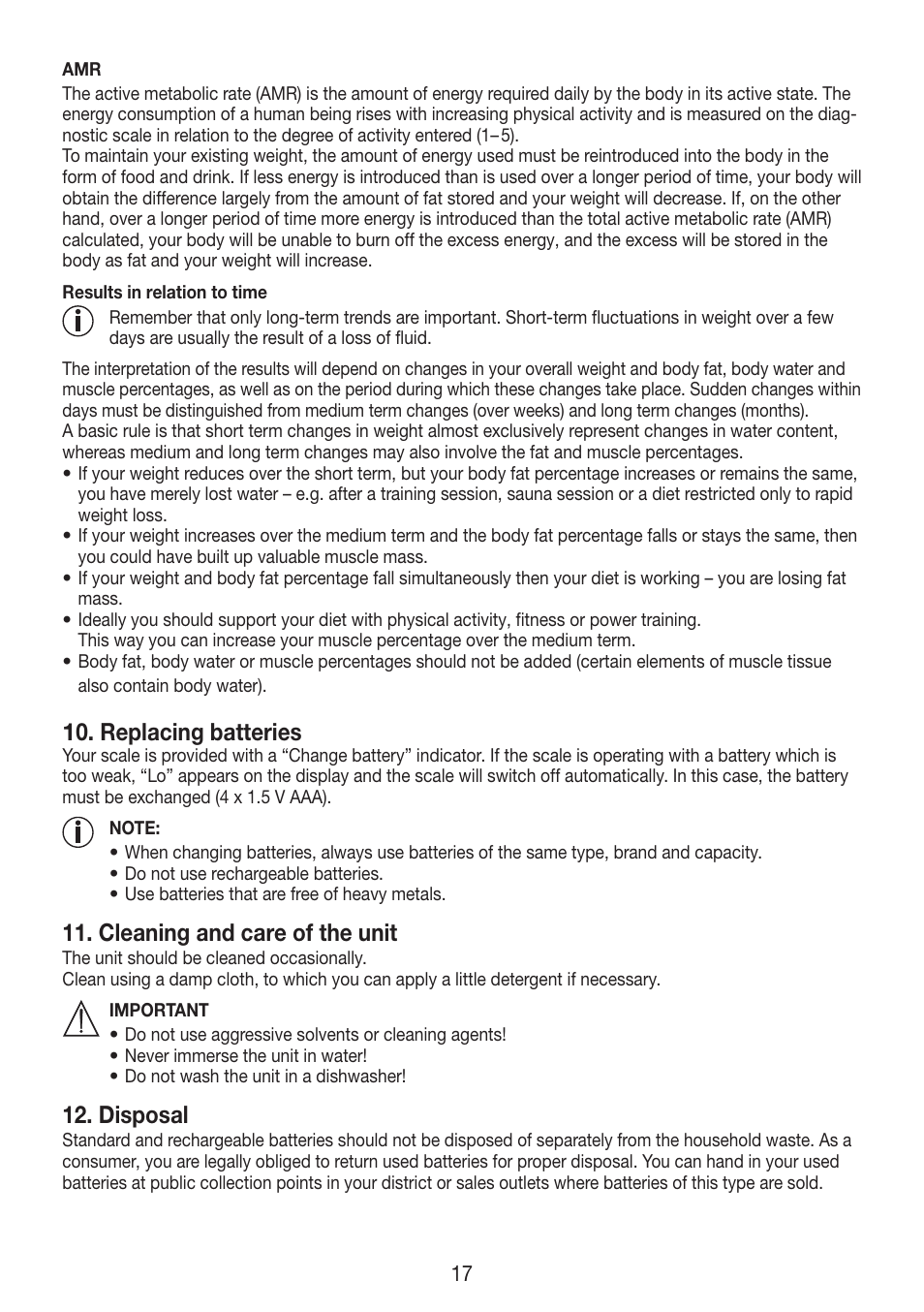 Replacing batteries, Cleaning and care of the unit, Disposal | Beurer BF 750 User Manual | Page 17 / 68