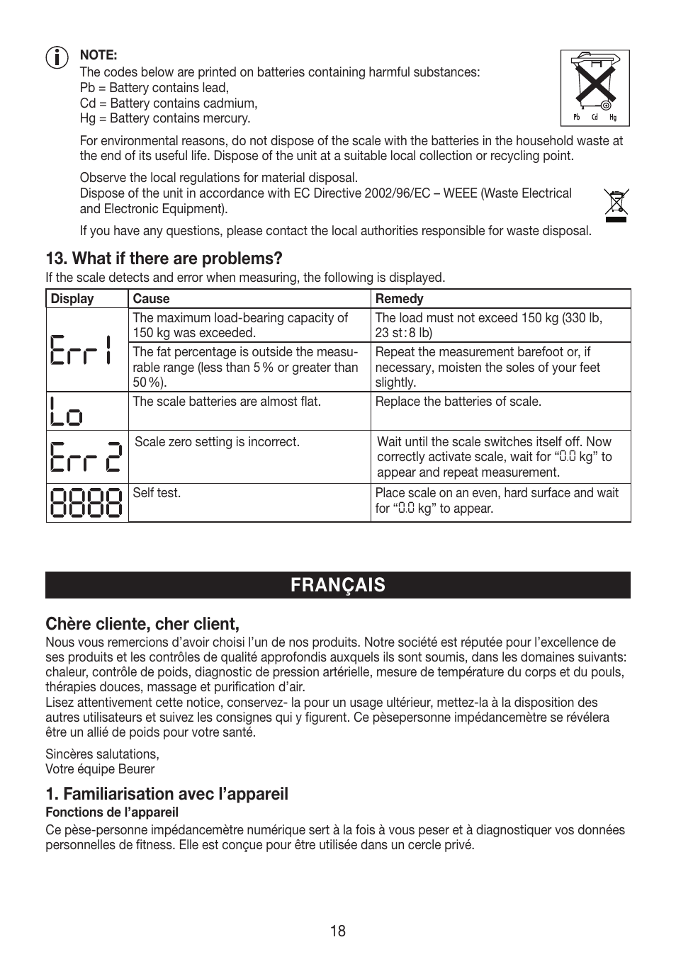 Français, What if there are problems, Chère cliente, cher client | Familiarisation avec l’appareil | Beurer BF 750 User Manual | Page 18 / 68