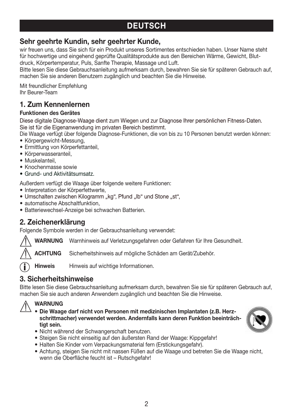 Deutsch, Sehr geehrte kundin, sehr geehrter kunde, Zum kennenlernen | Zeichenerklärung, Sicherheitshinweise | Beurer BF 750 User Manual | Page 2 / 68