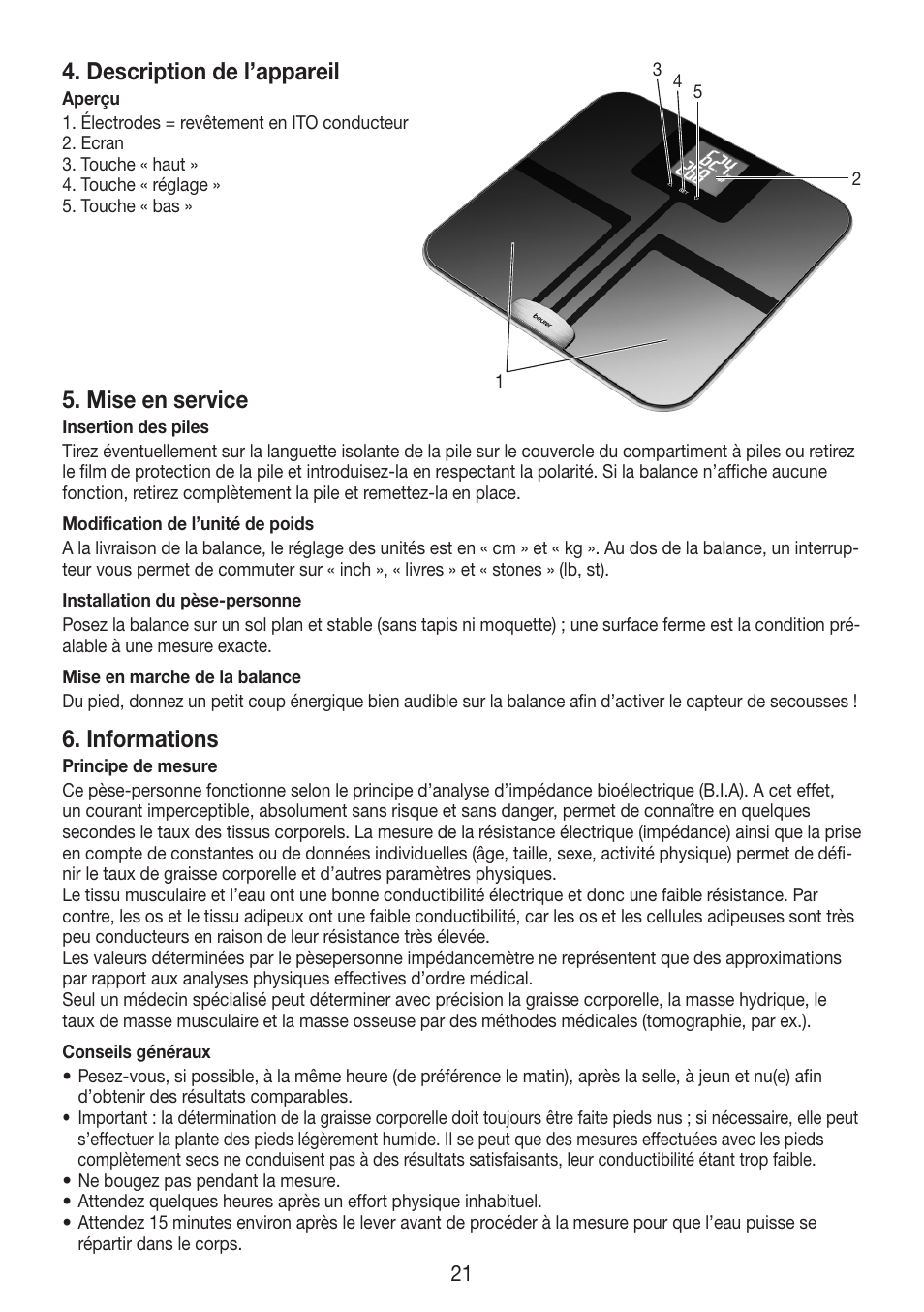 Description de l’appareil, Mise en service, Informations | Beurer BF 750 User Manual | Page 21 / 68