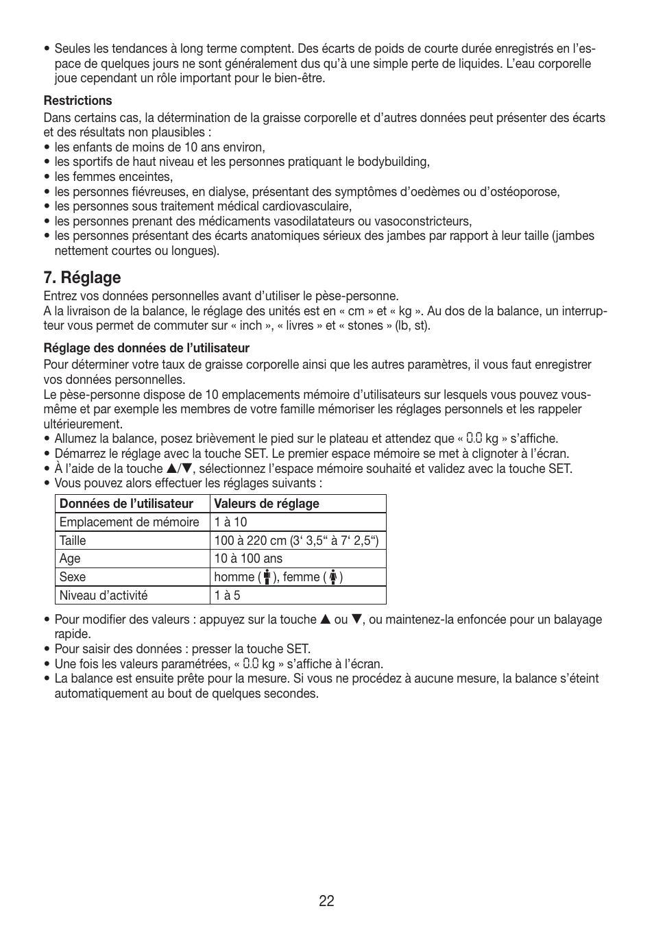 Réglage | Beurer BF 750 User Manual | Page 22 / 68