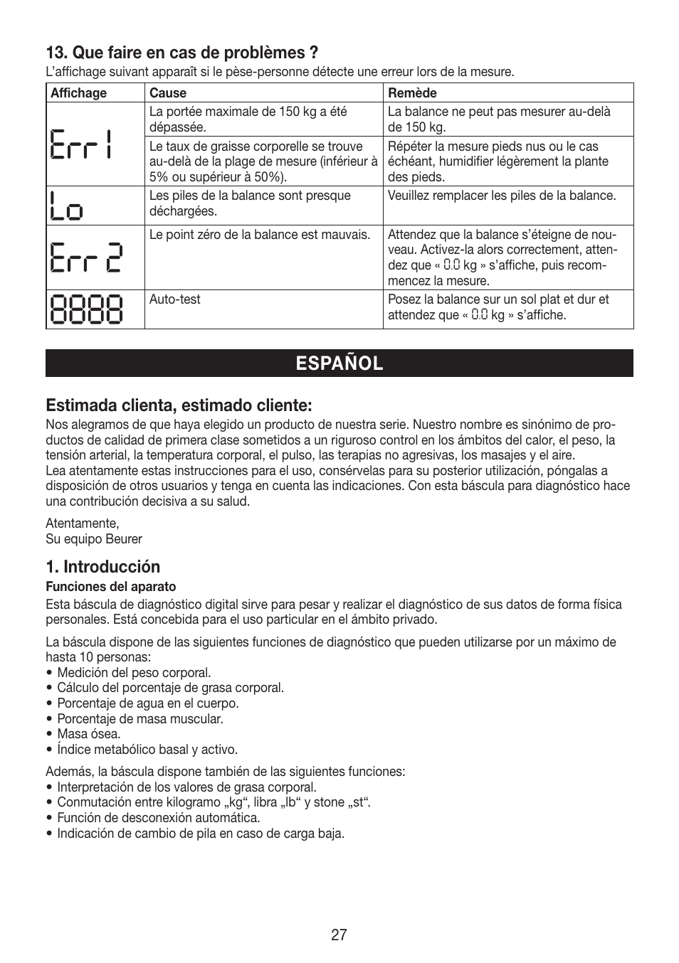 Español, Que faire en cas de problèmes, Estimada clienta, estimado cliente | Introducción | Beurer BF 750 User Manual | Page 27 / 68