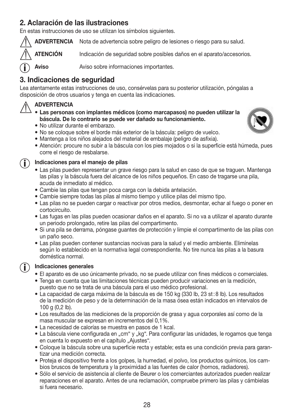 Aclaración de las ilustraciones, Indicaciones de seguridad | Beurer BF 750 User Manual | Page 28 / 68