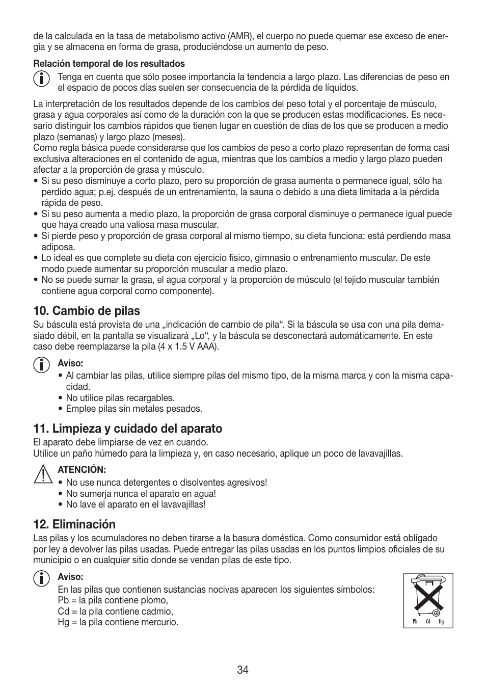 Cambio de pilas, Limpieza y cuidado del aparato, Eliminación | Beurer BF 750 User Manual | Page 34 / 68