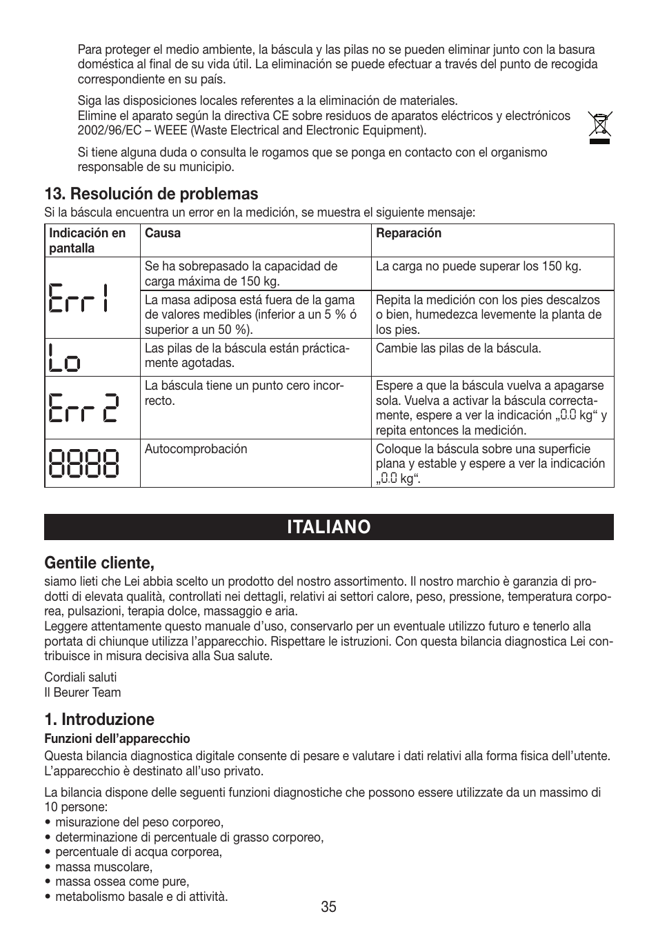 Italiano, Resolución de problemas, Gentile cliente | Introduzione | Beurer BF 750 User Manual | Page 35 / 68