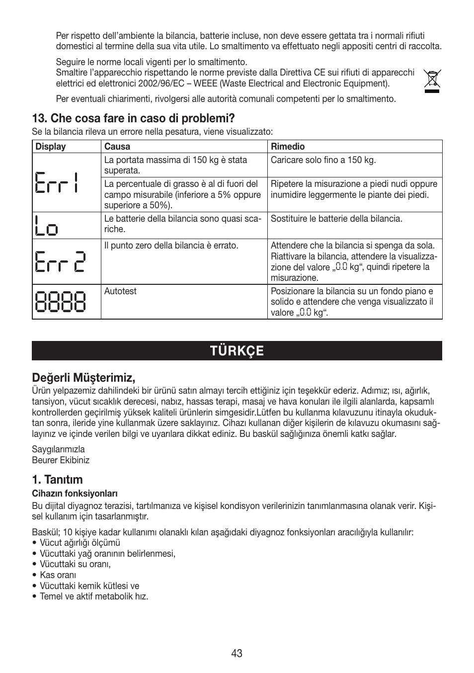 Türkçe, Che cosa fare in caso di problemi, Değerli müşterimiz | Tanıtım | Beurer BF 750 User Manual | Page 43 / 68