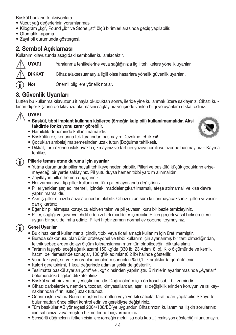 Sembol açıklaması, Güvenlik uyarıları | Beurer BF 750 User Manual | Page 44 / 68