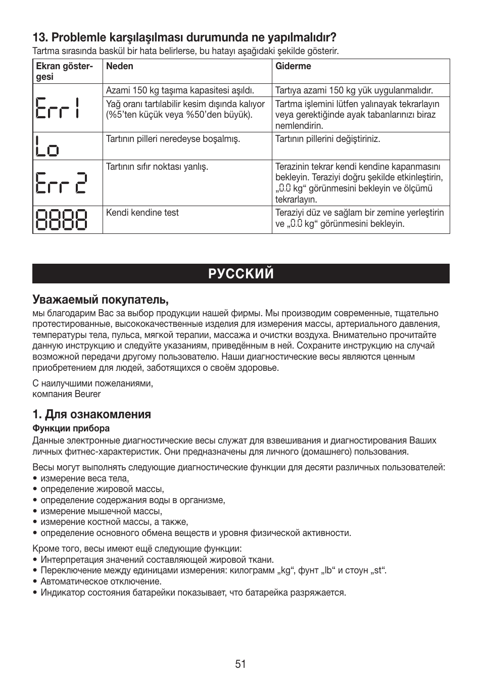 Русский, Problemle karşılaşılması durumunda ne yapılmalıdır, Уважаемый покупатель | Для ознакомления | Beurer BF 750 User Manual | Page 51 / 68