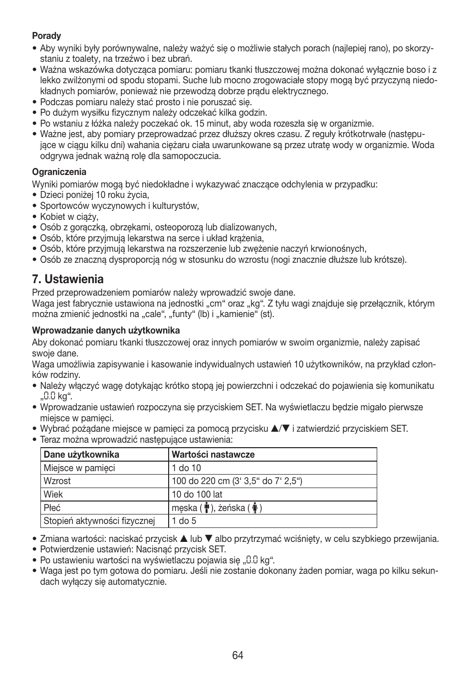 Ustawienia | Beurer BF 750 User Manual | Page 64 / 68