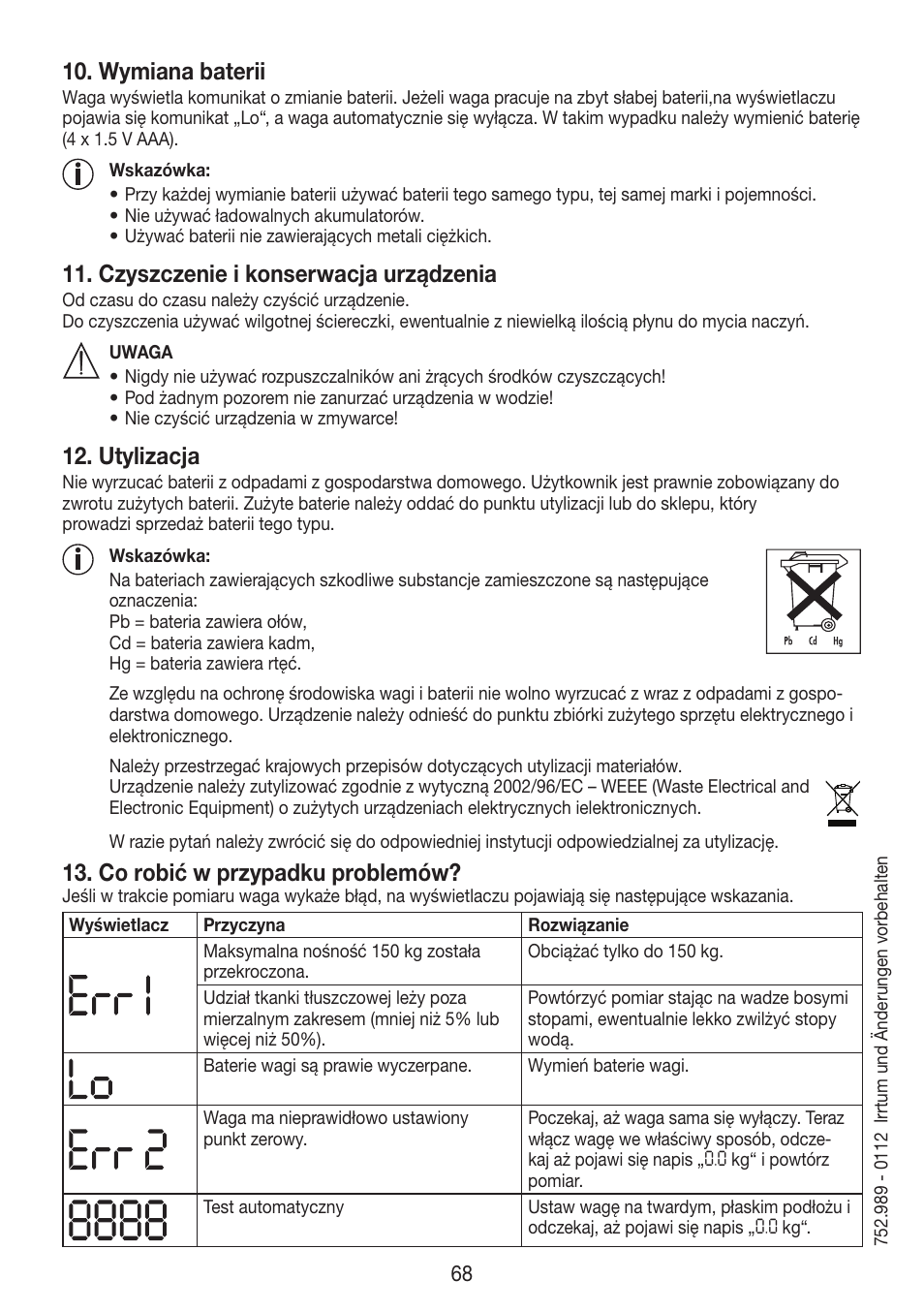 Wymiana baterii, Czyszczenie i konserwacja urządzenia, Utylizacja | Co robić w przypadku problemów | Beurer BF 750 User Manual | Page 68 / 68