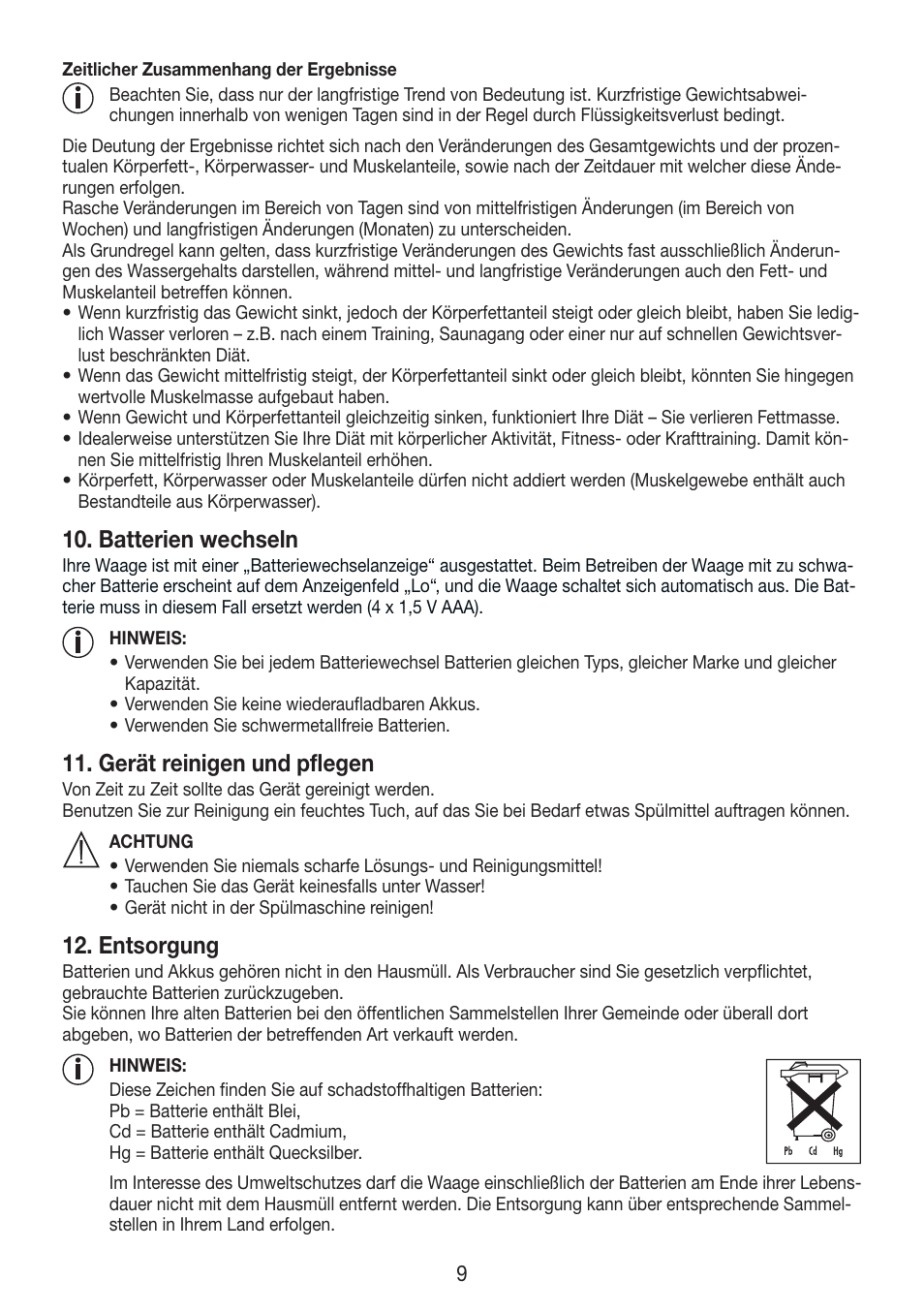 Batterien wechseln, Gerät reinigen und pflegen, Entsorgung | Beurer BF 750 User Manual | Page 9 / 68