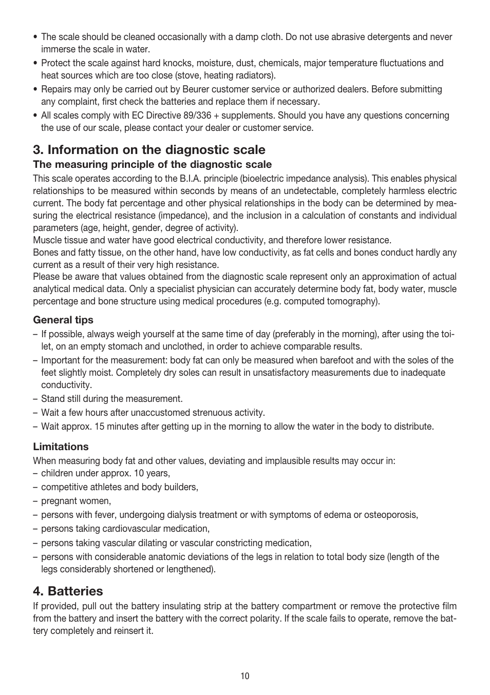 Information on the diagnostic scale, Batteries | Beurer BG 39 User Manual | Page 10 / 56
