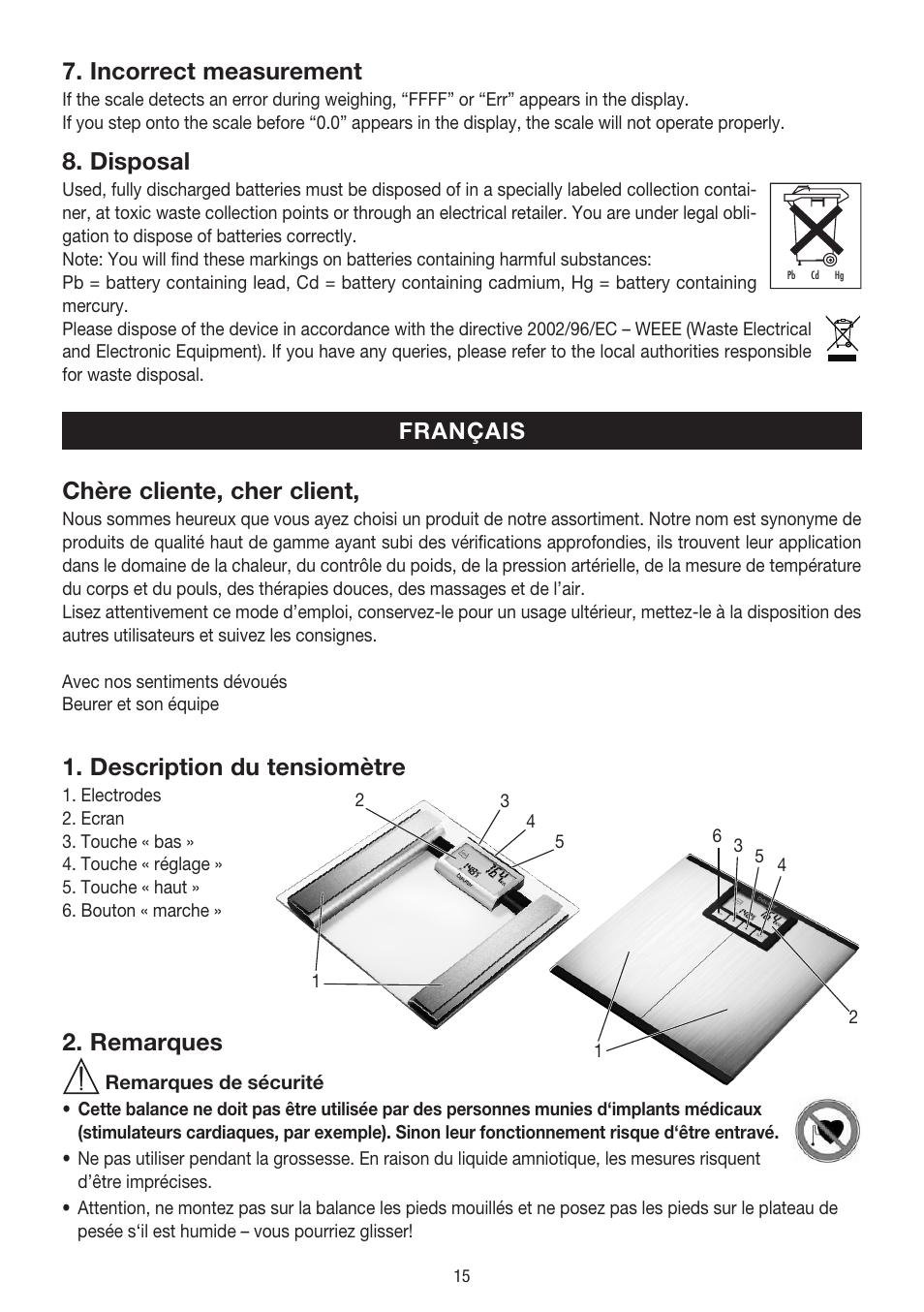 Incorrect measurement, Disposal, Chère cliente, cher client | Description du tensiomètre, Remarques | Beurer BG 39 User Manual | Page 15 / 56