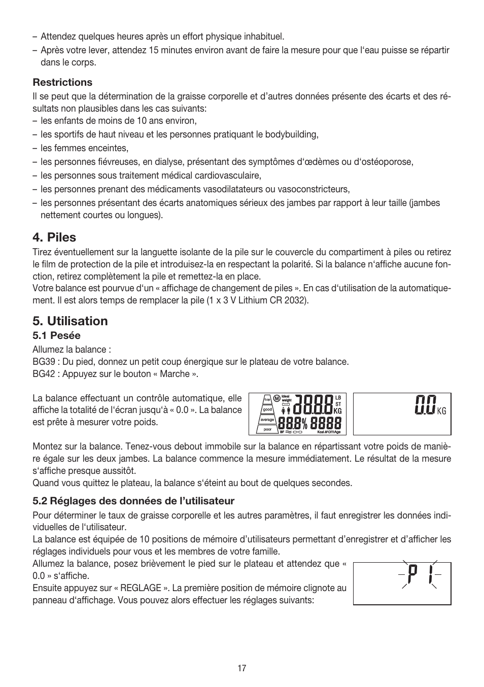 Piles, Utilisation | Beurer BG 39 User Manual | Page 17 / 56