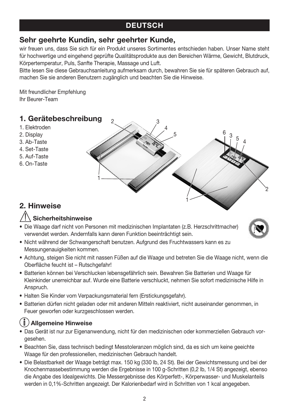 Sehr geehrte kundin, sehr geehrter kunde, Gerätebeschreibung, Hinweise | Beurer BG 39 User Manual | Page 2 / 56