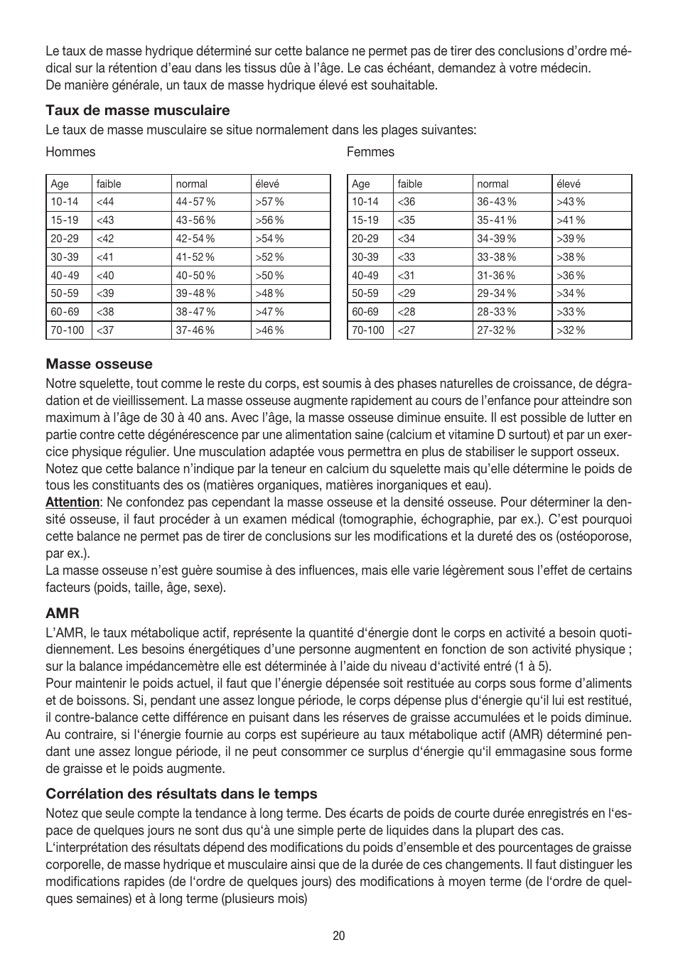 Taux de masse musculaire, Masse osseuse, Corrélation des résultats dans le temps | Beurer BG 39 User Manual | Page 20 / 56