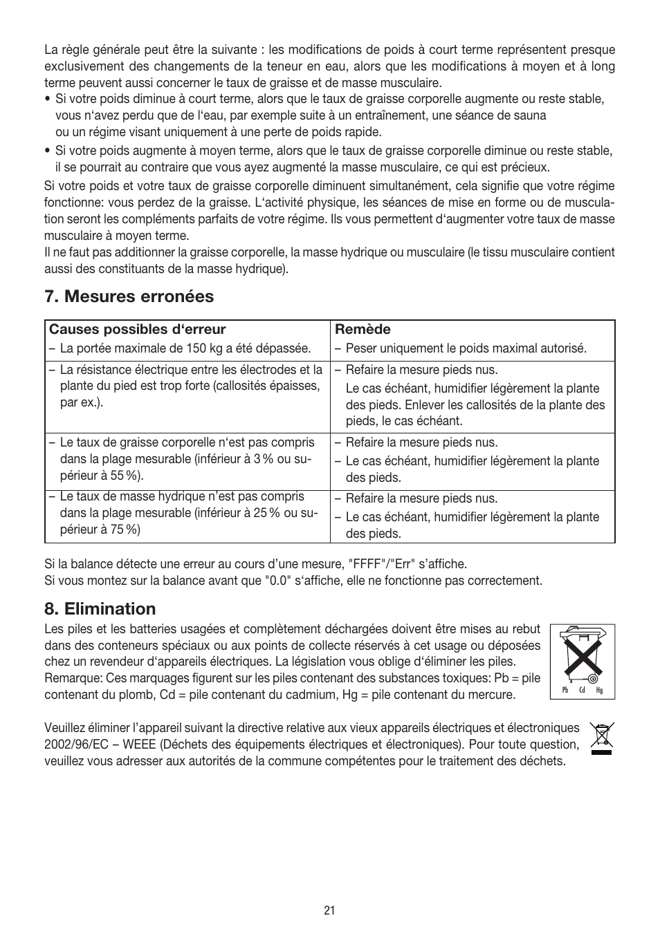 Mesures erronées, Elimination | Beurer BG 39 User Manual | Page 21 / 56