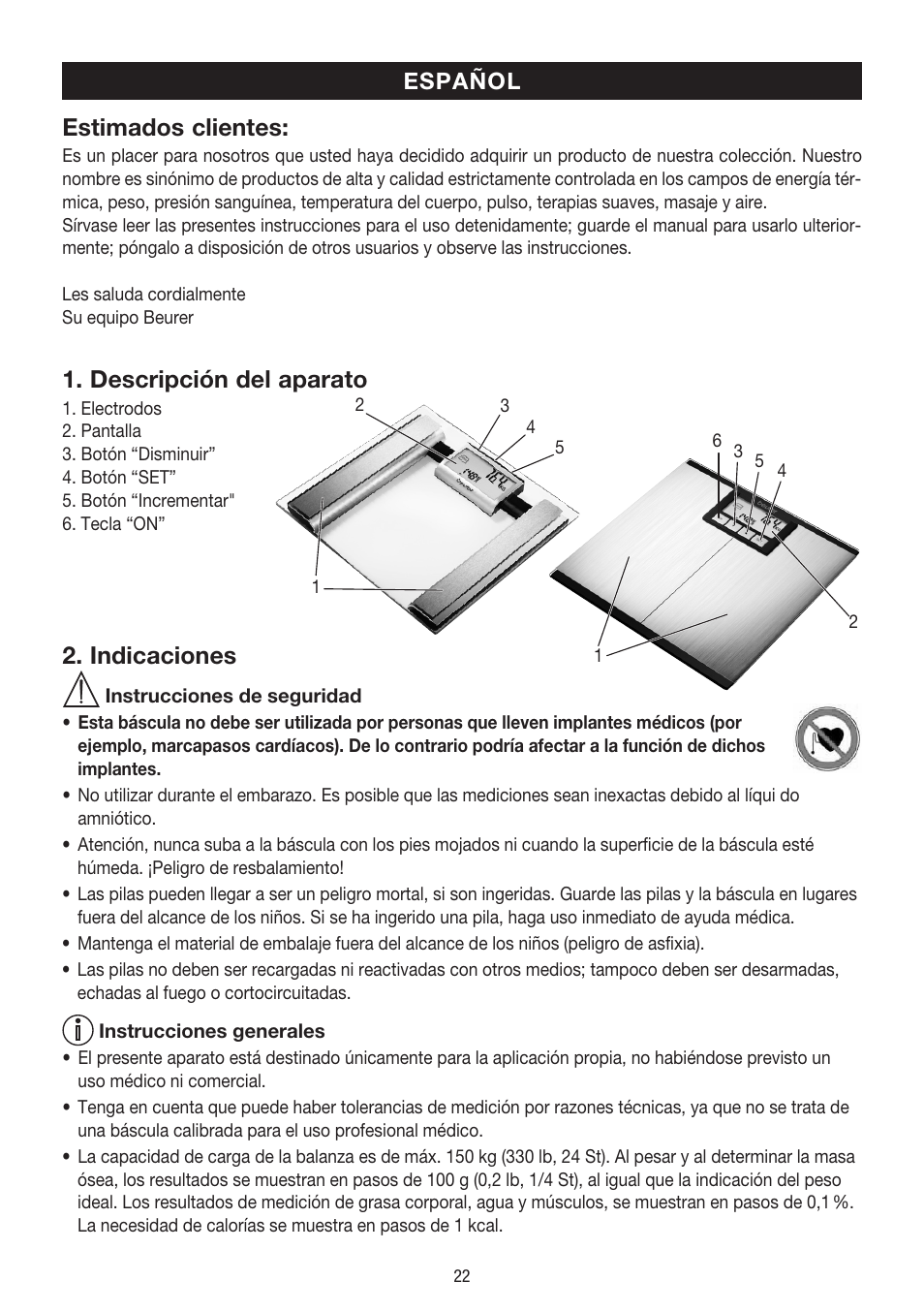 Estimados clientes, Descripción del aparato, Indicaciones | Beurer BG 39 User Manual | Page 22 / 56