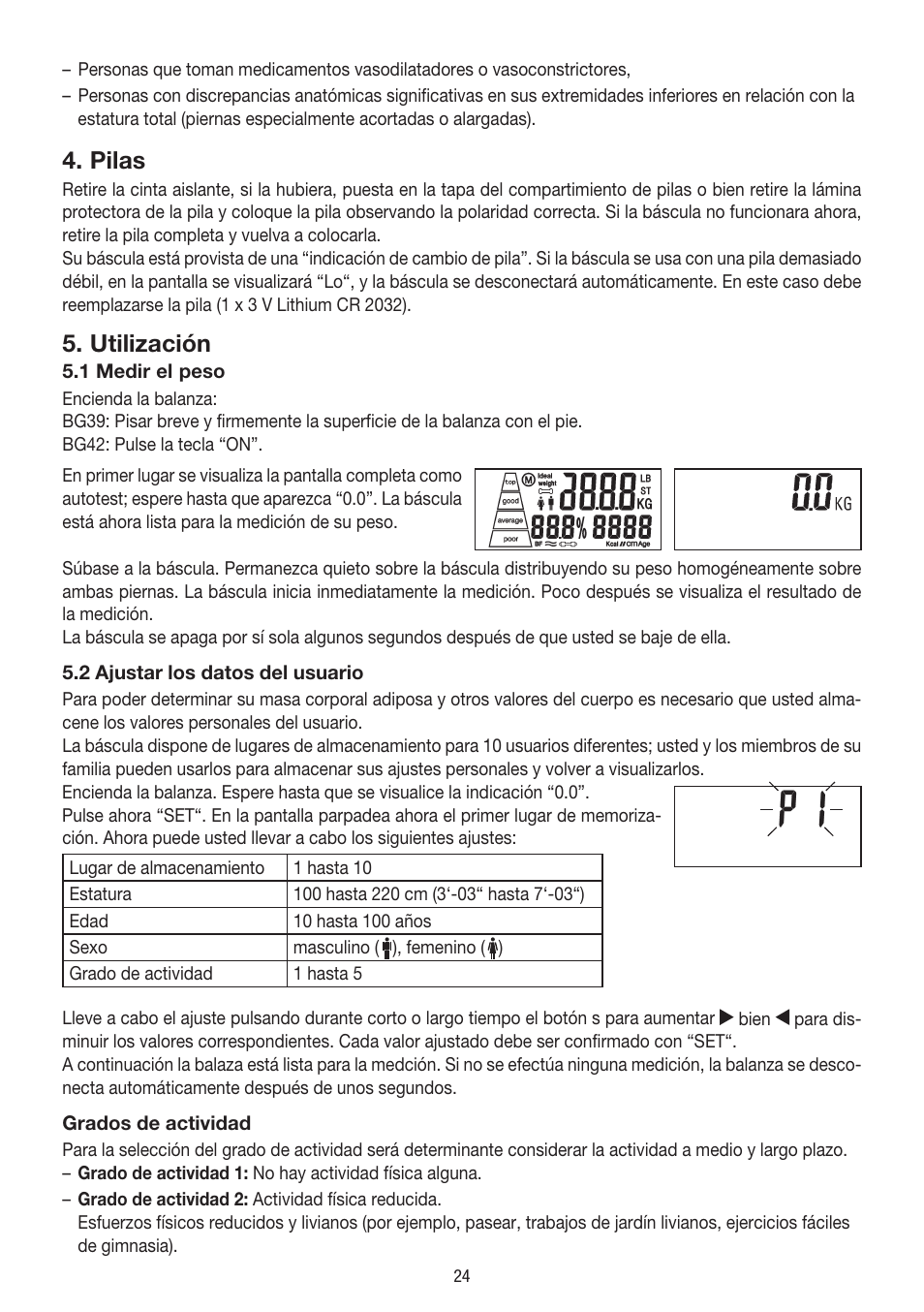 Pilas, Utilización | Beurer BG 39 User Manual | Page 24 / 56