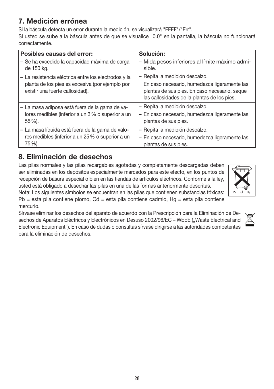 Medición errónea, Eliminación de desechos | Beurer BG 39 User Manual | Page 28 / 56