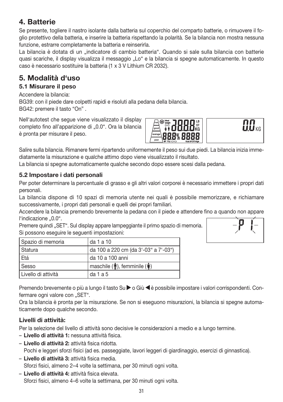 Batterie, Modalità d‘uso | Beurer BG 39 User Manual | Page 31 / 56