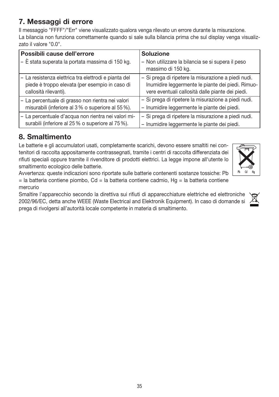 Messaggi di errore, Smaltimento | Beurer BG 39 User Manual | Page 35 / 56