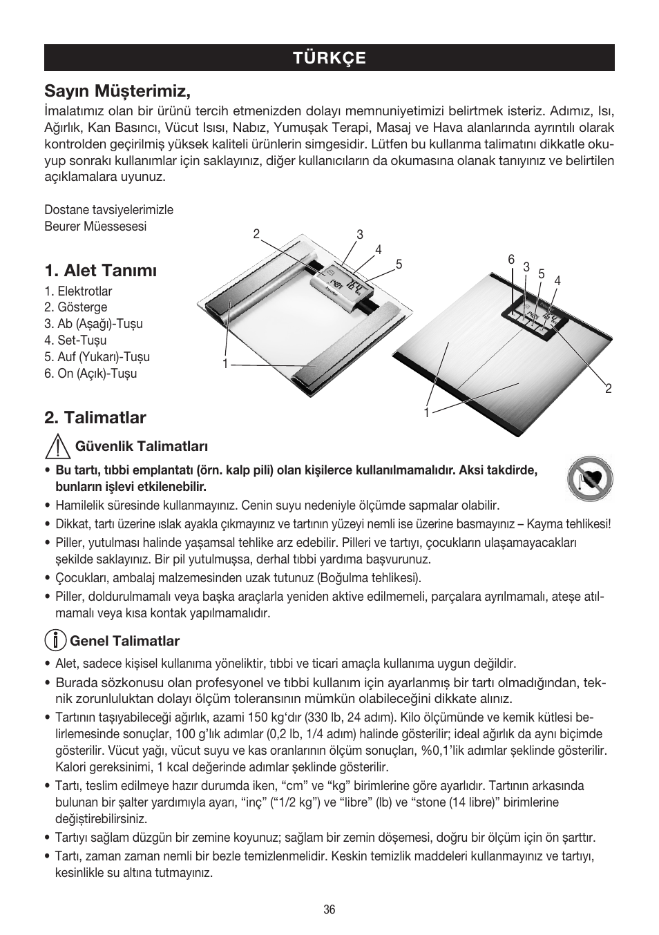Sayın müşterimiz, Alet tanımı, Talimatlar | Türkçe | Beurer BG 39 User Manual | Page 36 / 56