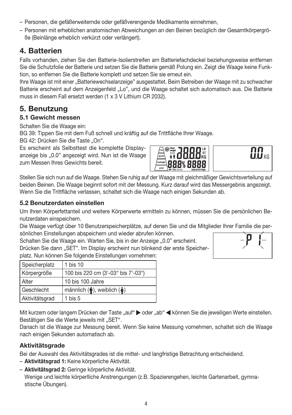 Batterien, Benutzung | Beurer BG 39 User Manual | Page 4 / 56