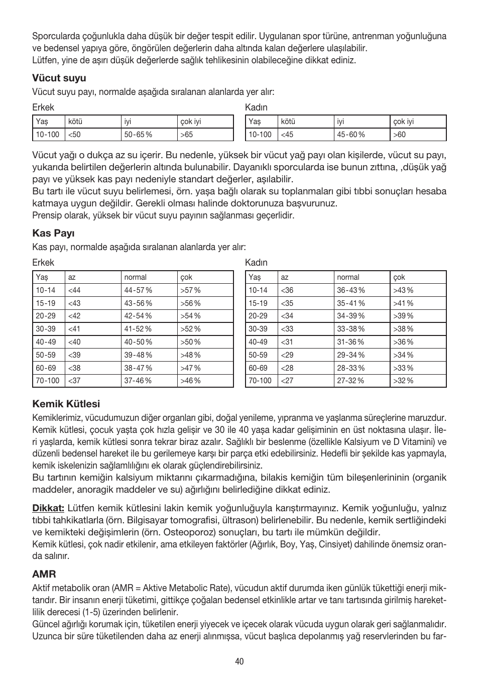 Vücut suyu, Kas payı, Kemik kütlesi | Beurer BG 39 User Manual | Page 40 / 56