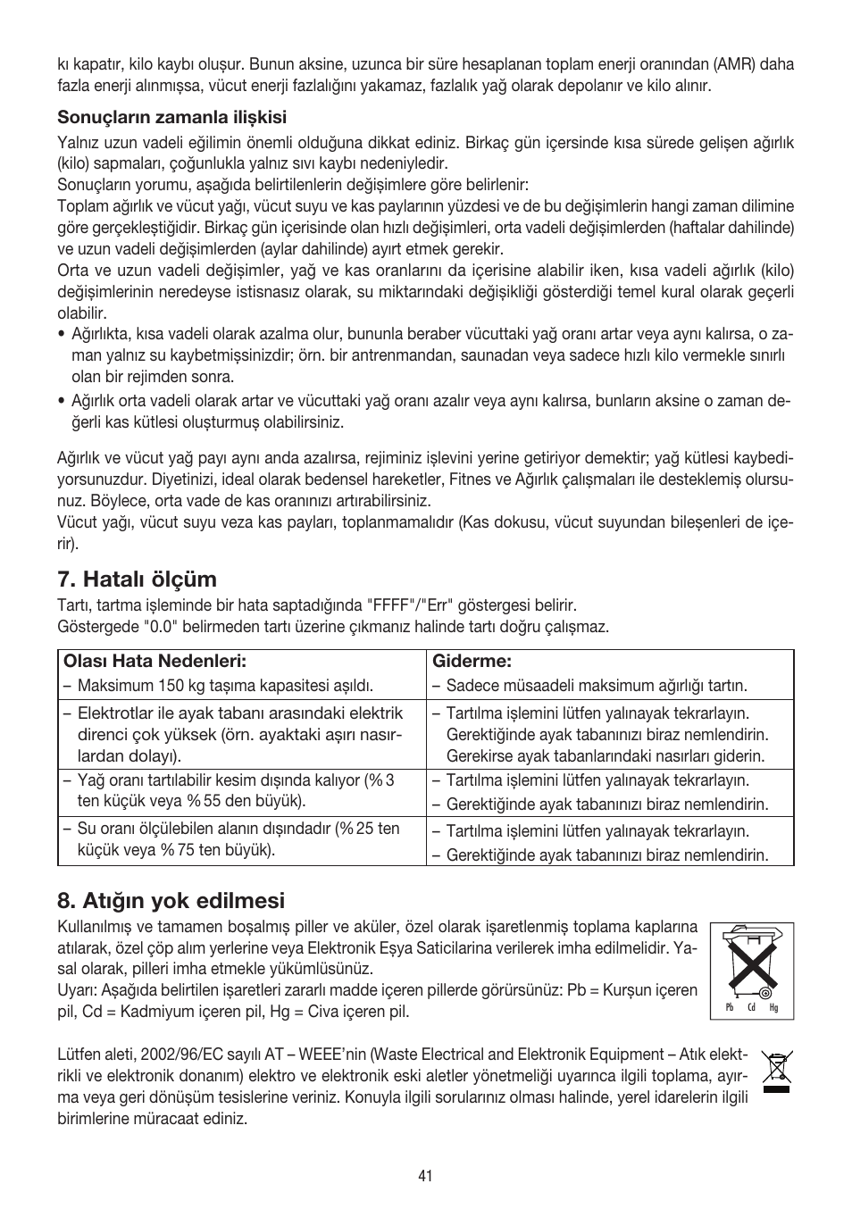 Hatalı ölçüm, Atığın yok edilmesi | Beurer BG 39 User Manual | Page 41 / 56
