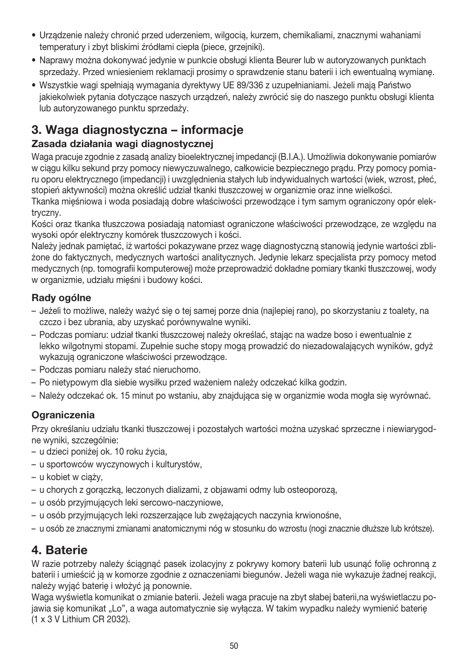 Waga diagnostyczna – informacje, Baterie | Beurer BG 39 User Manual | Page 50 / 56