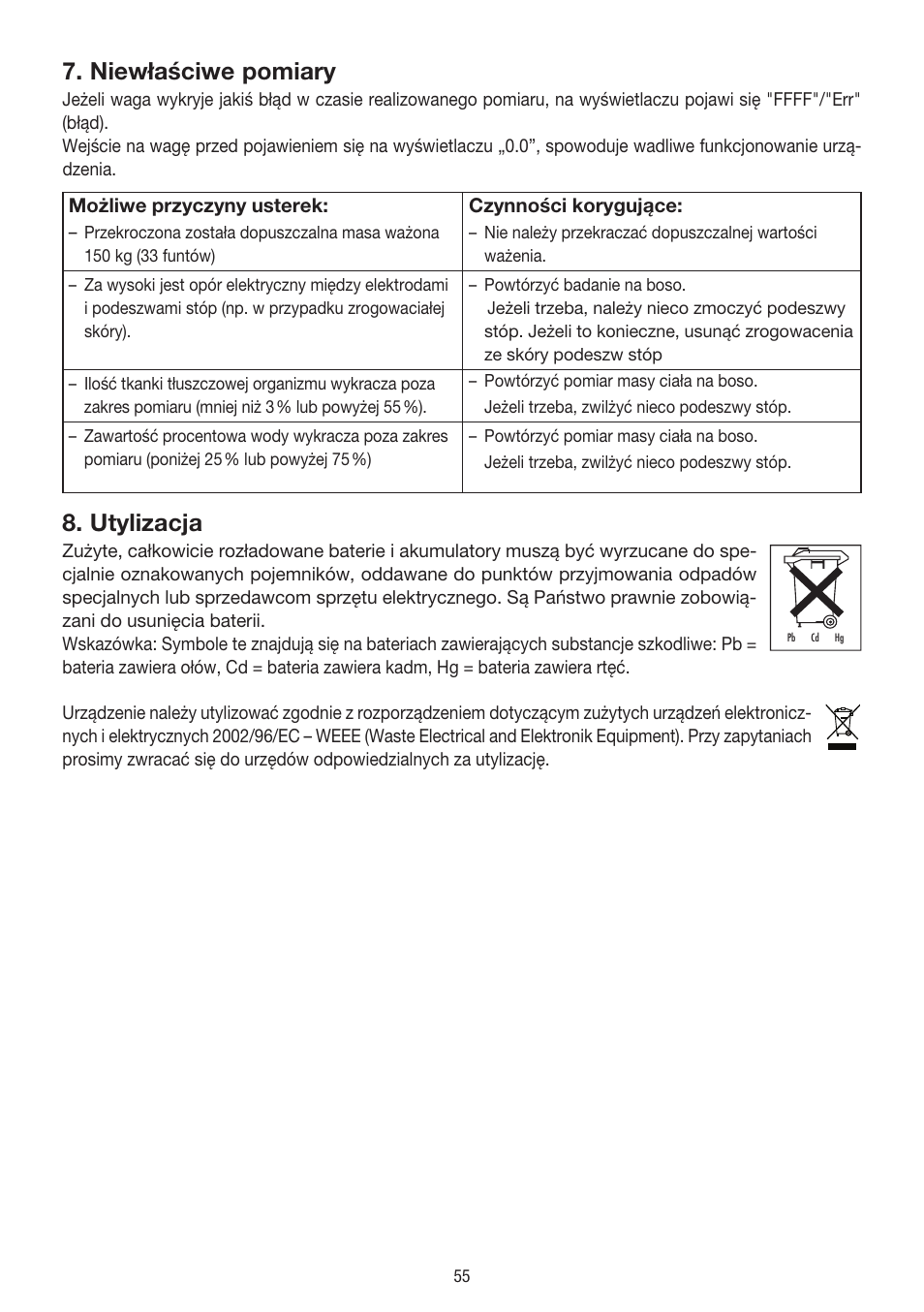 Niewłaściwe pomiary, Utylizacja | Beurer BG 39 User Manual | Page 55 / 56