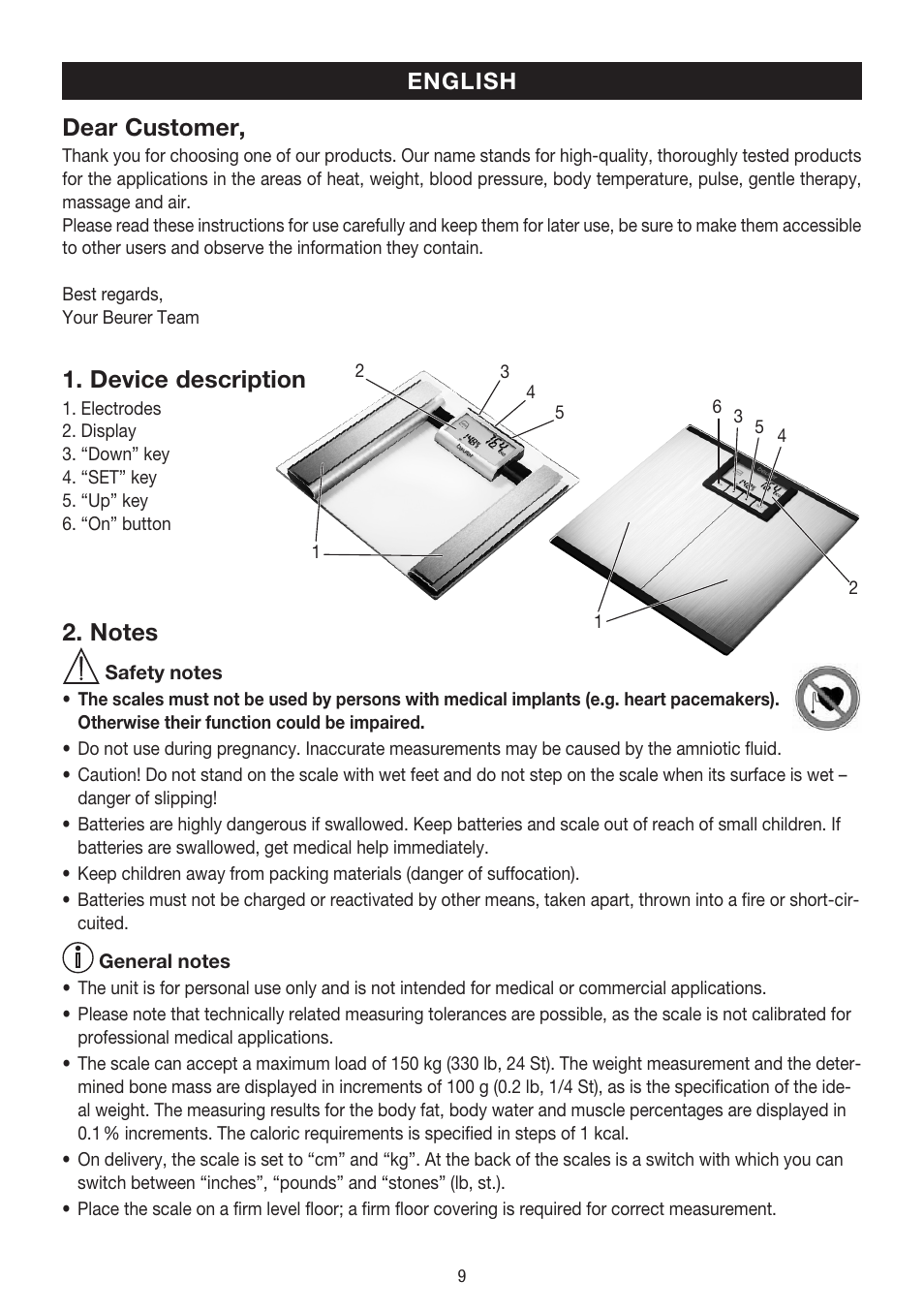 Dear customer, Device description | Beurer BG 39 User Manual | Page 9 / 56