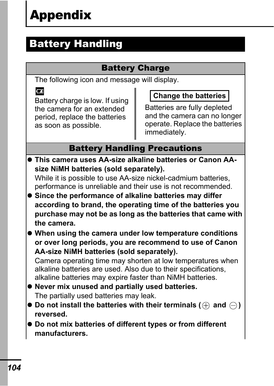 Appendix, Battery handling, P. 104) | Canon A700 User Manual | Page 106 / 140