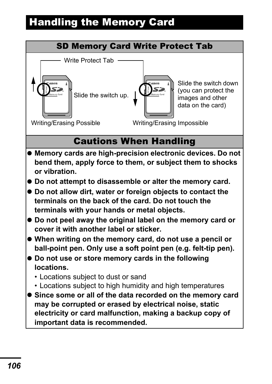 Handling the memory card, P. 106), Cautions when handling | Canon A700 User Manual | Page 108 / 140