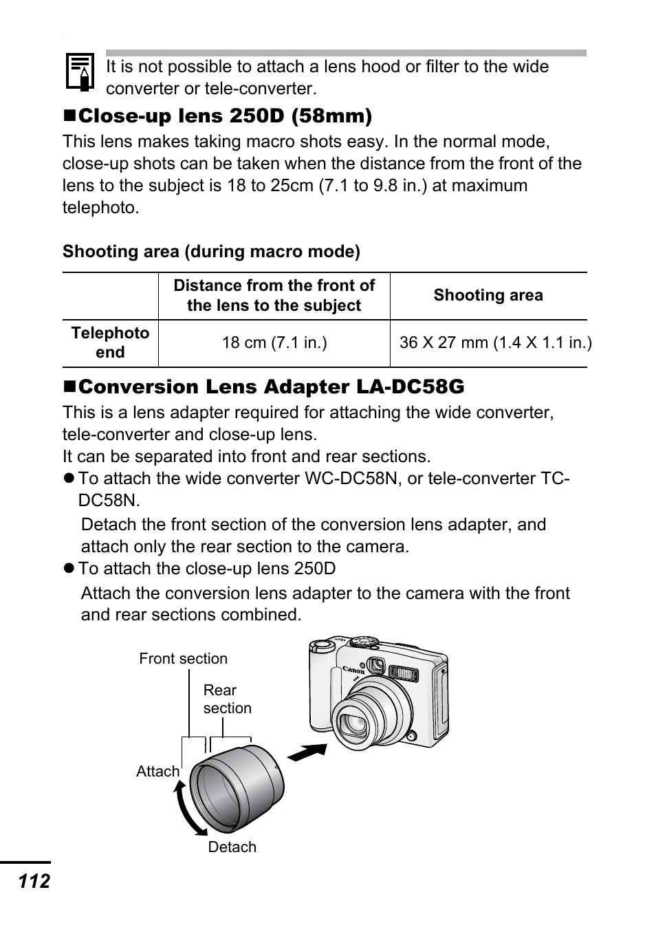 Conversion lens adapter la-dc58g | Canon A700 User Manual | Page 114 / 140