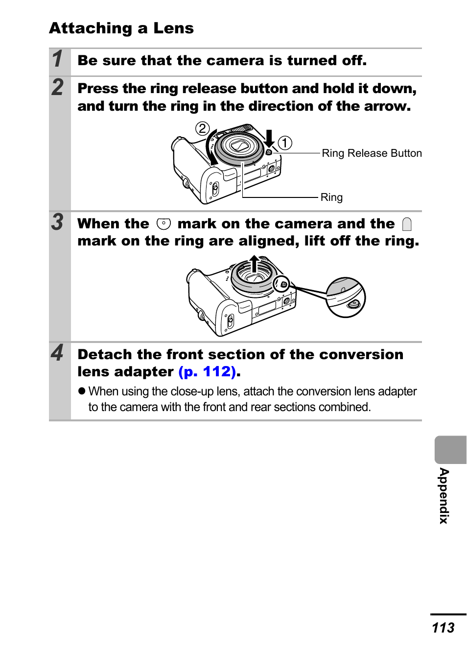 Ring release button, P. 113) | Canon A700 User Manual | Page 115 / 140