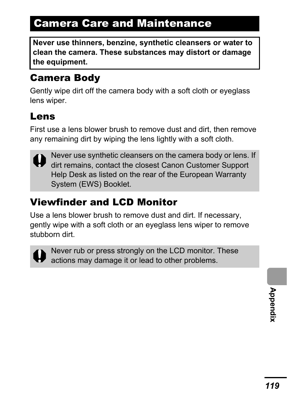 Camera care and maintenance, Camera body, Lens | Viewfinder and lcd monitor | Canon A700 User Manual | Page 121 / 140