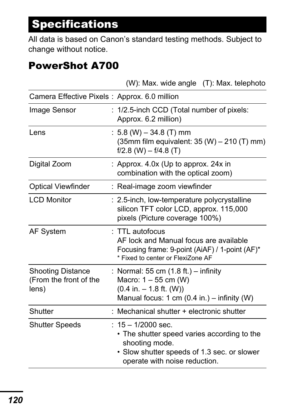 Specifications, Stance, P. 120) | Powershot a700 | Canon A700 User Manual | Page 122 / 140