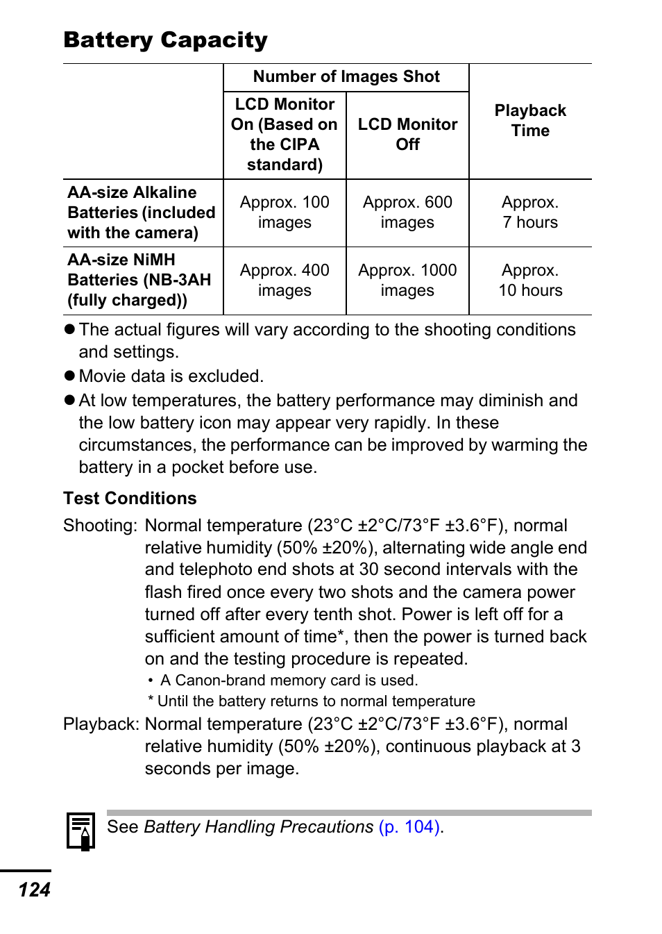 Battery capacity | Canon A700 User Manual | Page 126 / 140