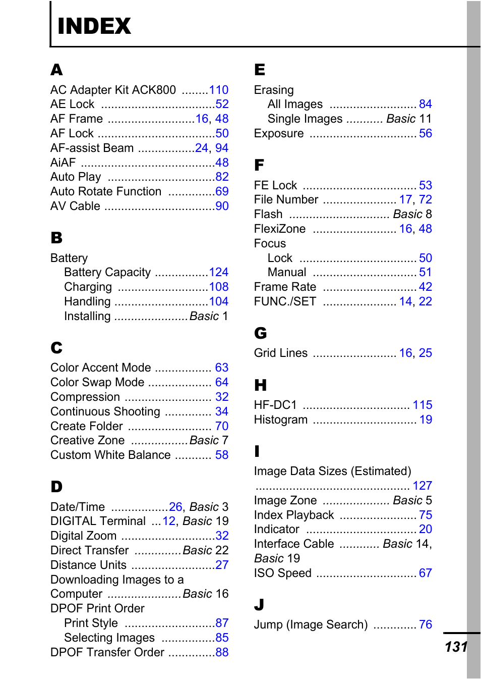 Index | Canon A700 User Manual | Page 133 / 140