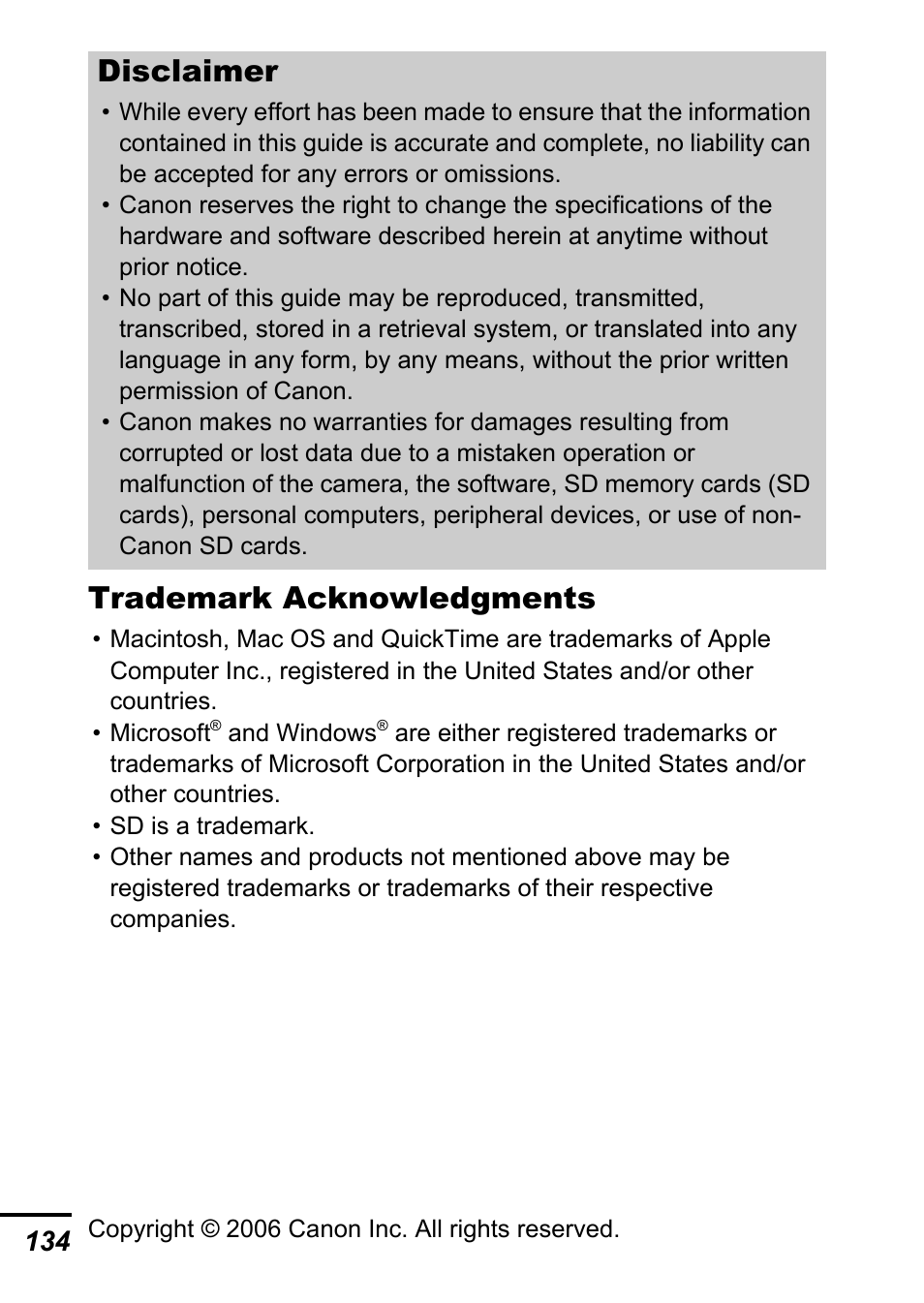 Trademark acknowledgments, Disclaimer | Canon A700 User Manual | Page 136 / 140