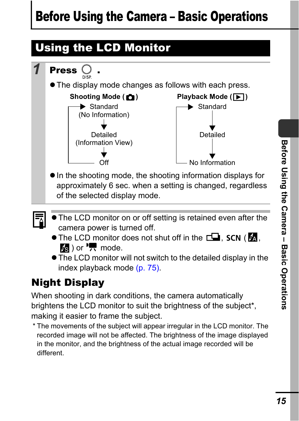 Before using the camera - basic operations, Using the lcd monitor, Before using the camera – basic operations | Button, P. 15), Night display, Press | Canon A700 User Manual | Page 17 / 140