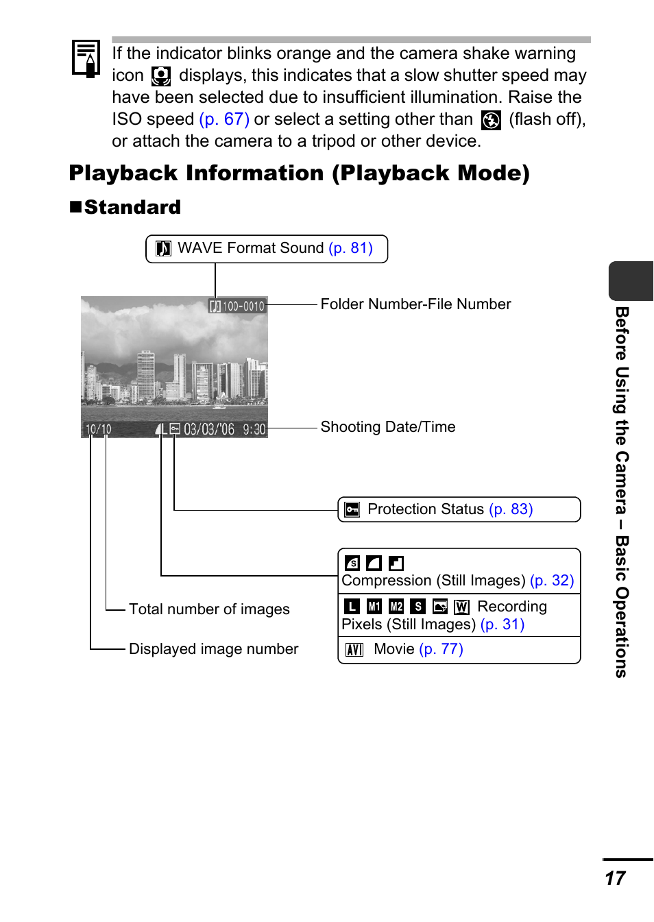 P. 17), Playback information (playback mode), Standard | Canon A700 User Manual | Page 19 / 140
