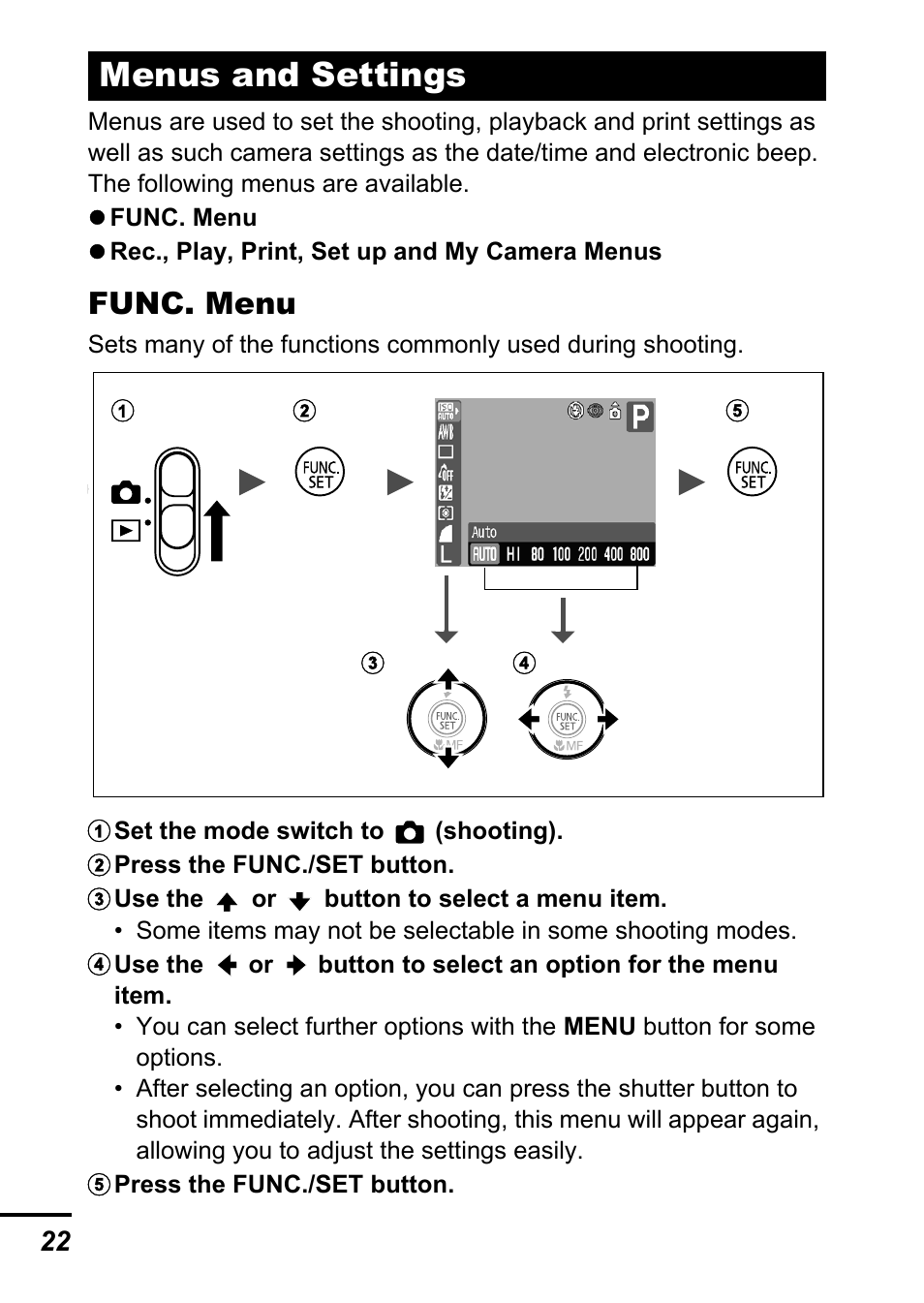 Menus and settings, P. 22), Func. menu | Canon A700 User Manual | Page 24 / 140