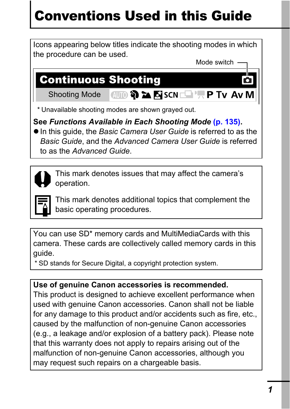 Conventions used in this guide, Continuous shooting | Canon A700 User Manual | Page 3 / 140