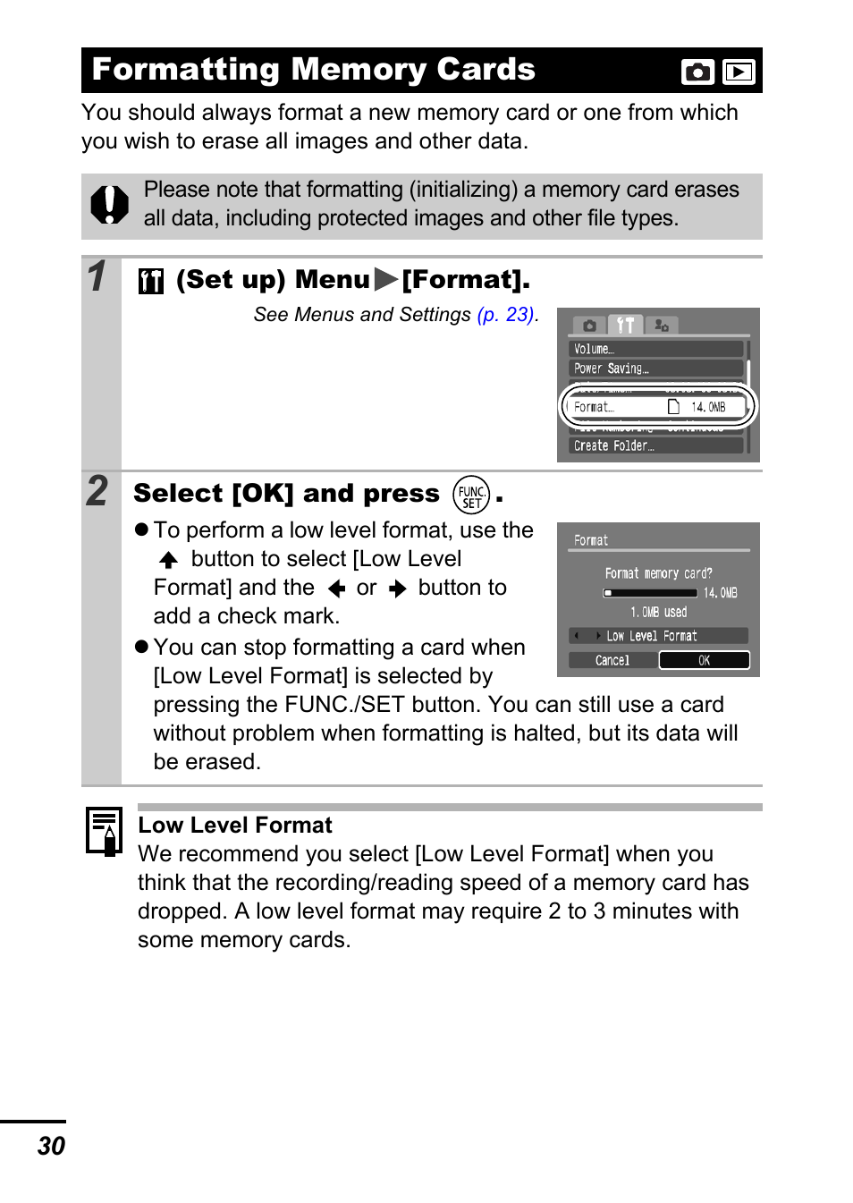 Formatting memory cards | Canon A700 User Manual | Page 32 / 140